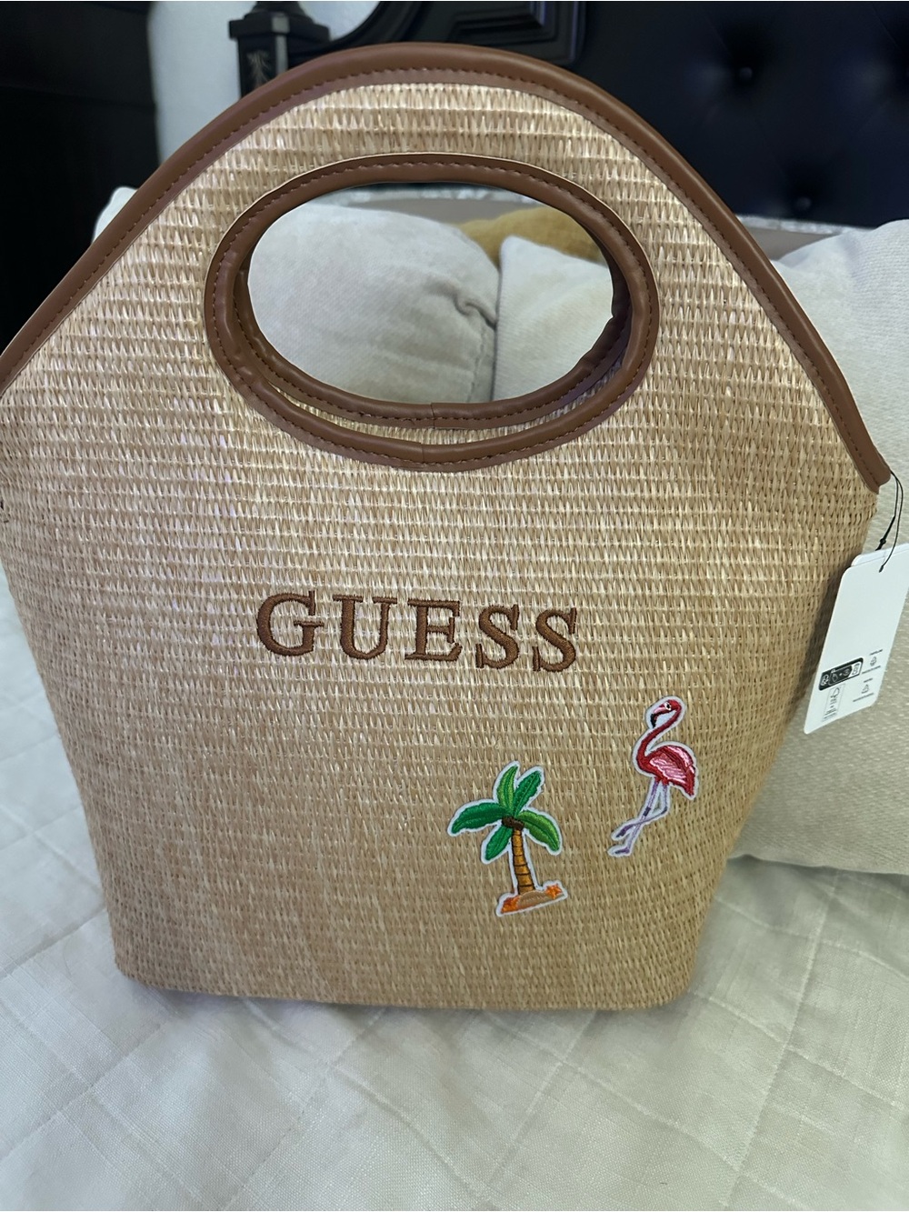 GUESS Tan Straw Tote with Flamingo & Palm Patch Accent